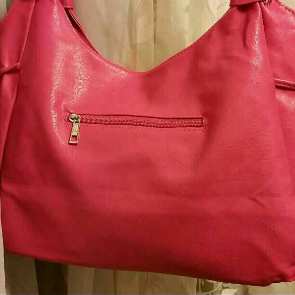 Large Pink Shoulder Bag Purse Rhinestone Accent Ruffle Faux Leather Tote - Picture 3 of 4